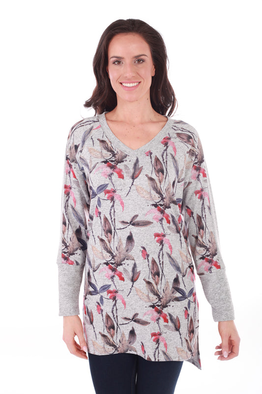 V-Neck Floral Print Sweater Tunic