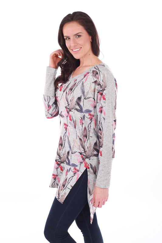 V-Neck Floral Print Sweater Tunic