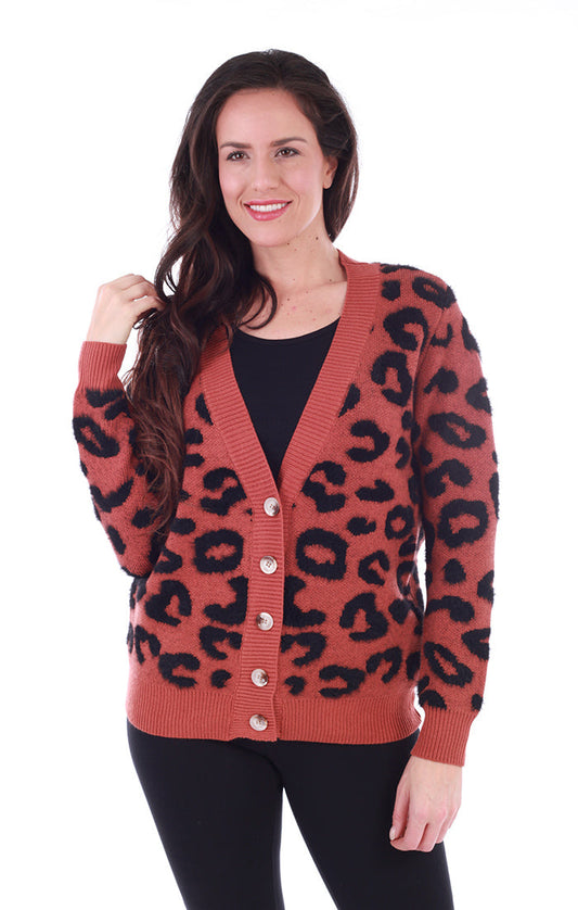 Rust leopard knit cardigan with marble buttons - Front view