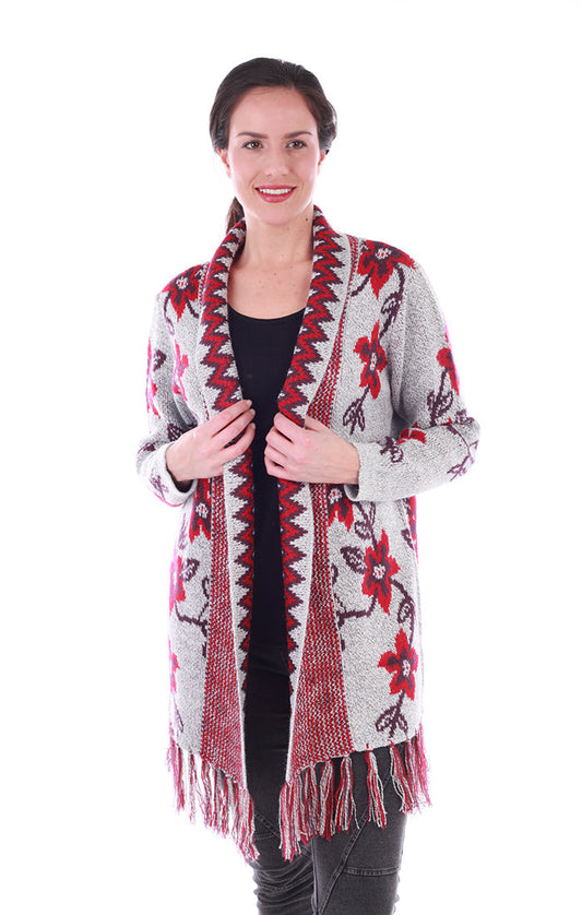 Grey & Red Floral Cardigan with Fringe Trim - Front View