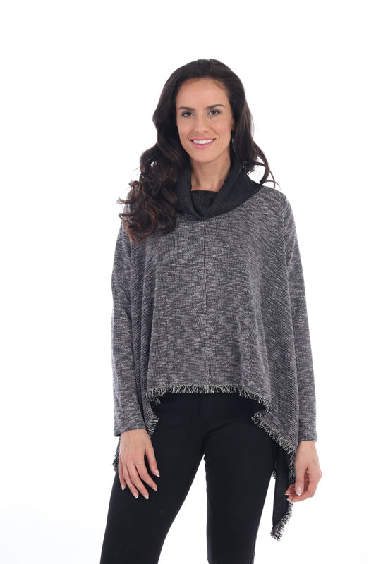Grey cowl neck pullover with long sleeves and frayed trim - Front view