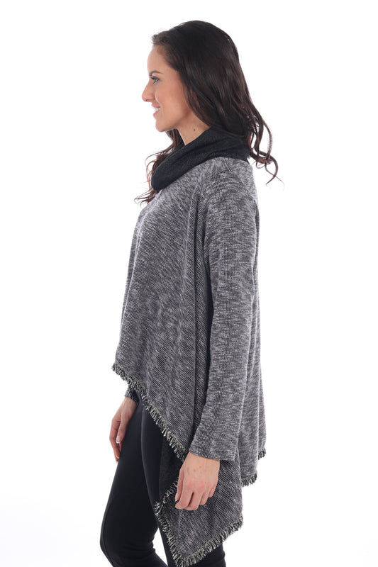 Cowl Neck Pullover with Frayed Trim