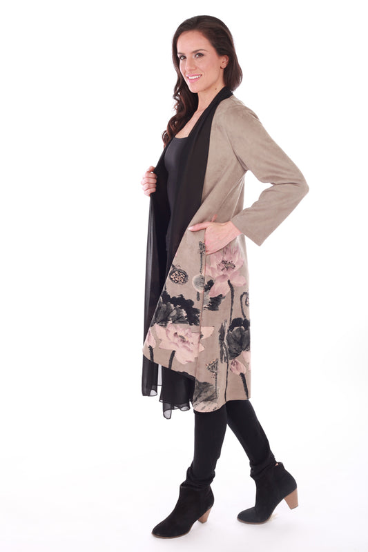Taupe Faux Suede Open Coat with Attached Chiffon Scarf