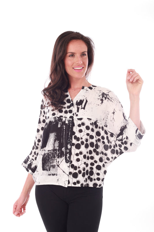 Black and white graphic top with a v-neck - Front view