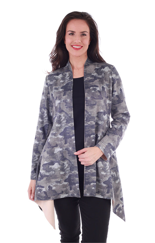Greyscale camoflage open coat made of faux suede - front view