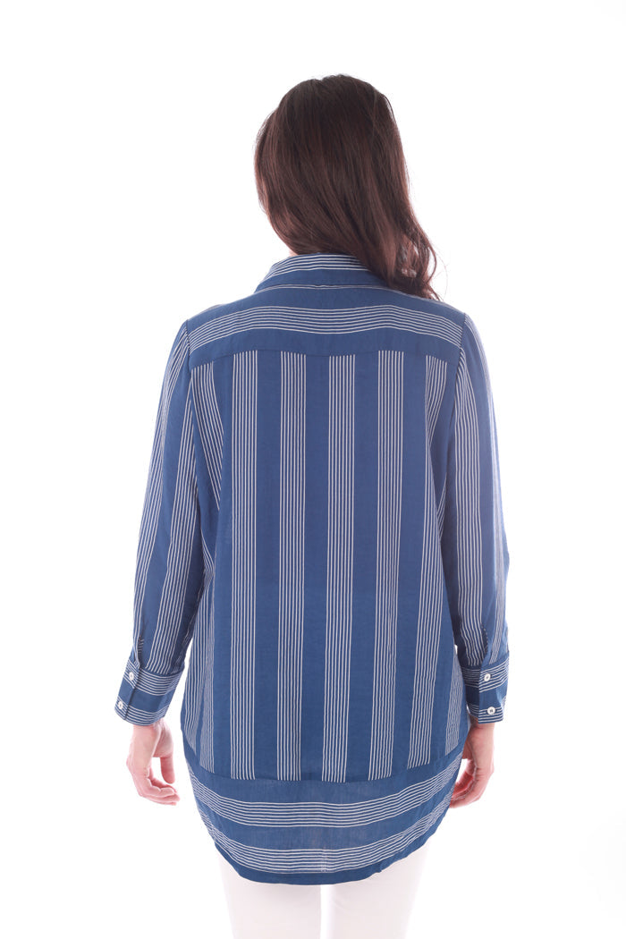 Royal blue and grey striped blouse with long sleeves - Back view