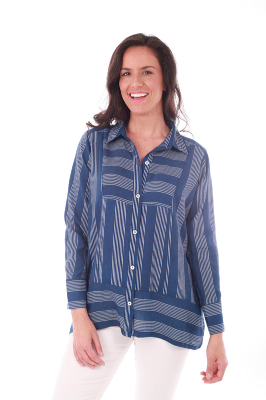 Royal blue and grey striped blouse with long sleeves - Front view