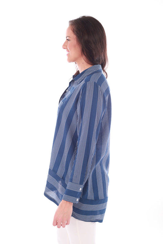 Royal blue and grey striped blouse with long sleeves - Side view