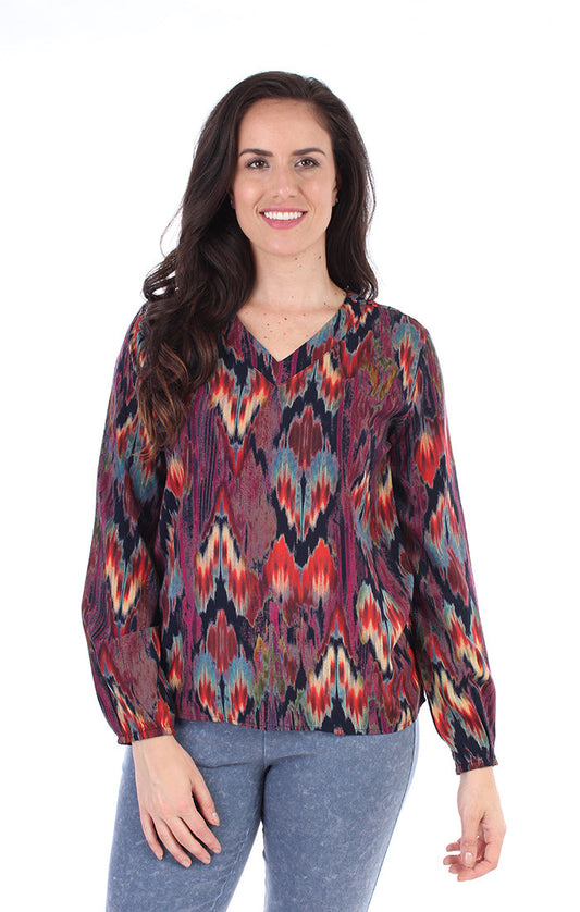 Colourful aztec blouse with slightly puffy sleeves - front view