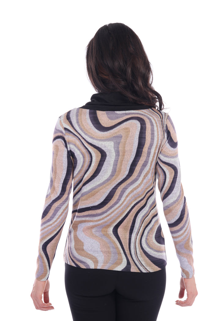 Abstract Print Embellished Cowl Neck Sweater