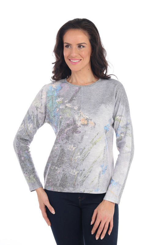 Silver holographic print long sleeve blouse - front view