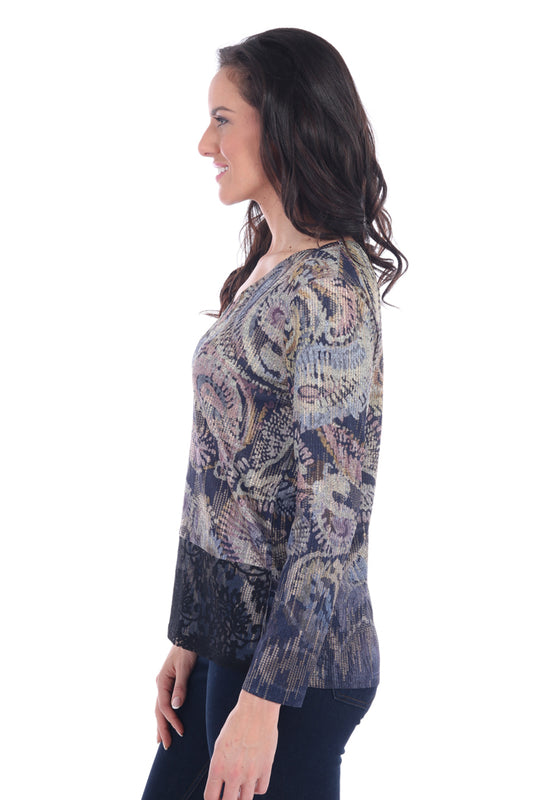 Paisley Print Metallic Knit Top with Lace