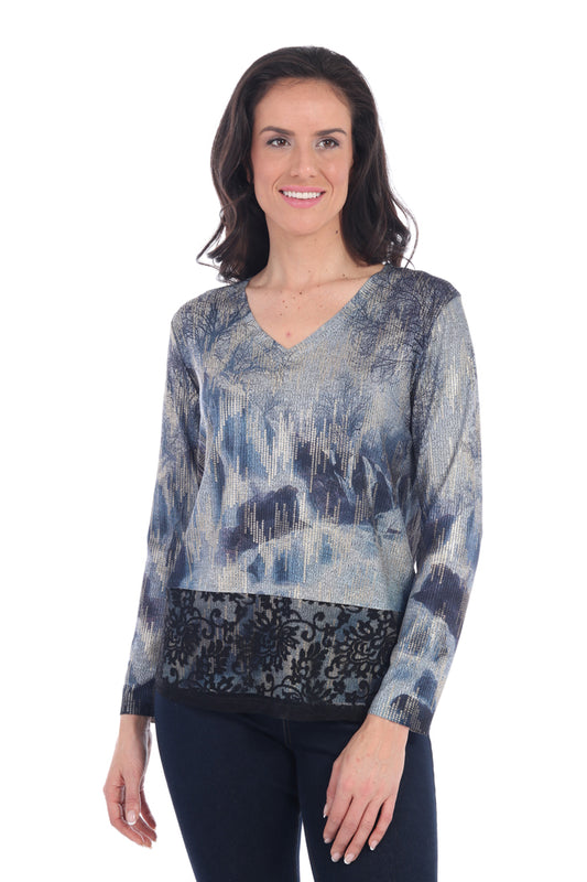 Abstract Print Metallic Knit Top with Lace