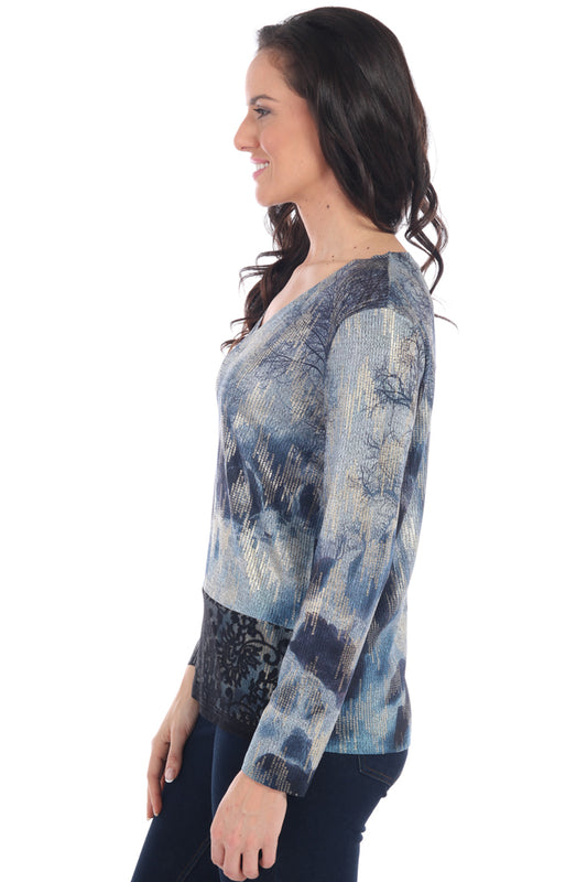 Abstract Print Metallic Knit Top with Lace