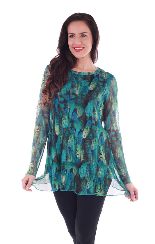 Mesh long sleeve blouse with peacock feather print - front view