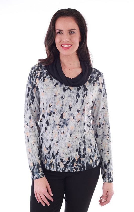 Cowl neck, long sleeve sweater with bright speckled print -  front view 
