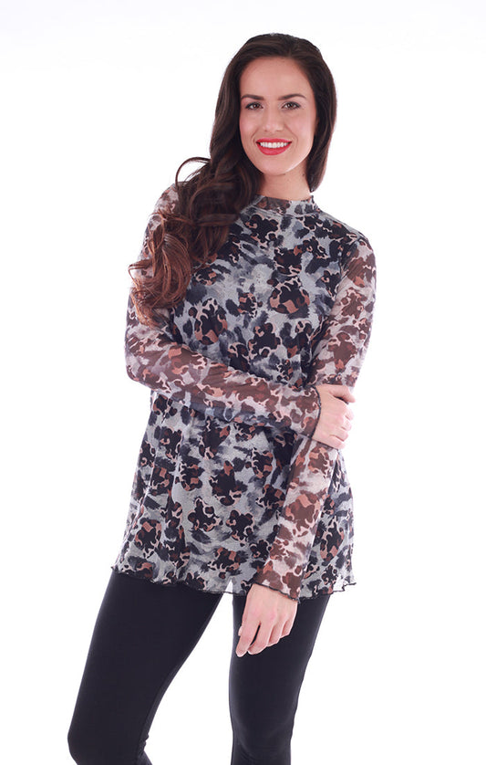 Long sleeve mesh blouse with mock neck and leopard print - front view
