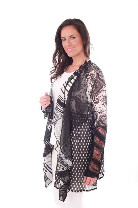 Graphic Mesh Cardigan with Front Drape