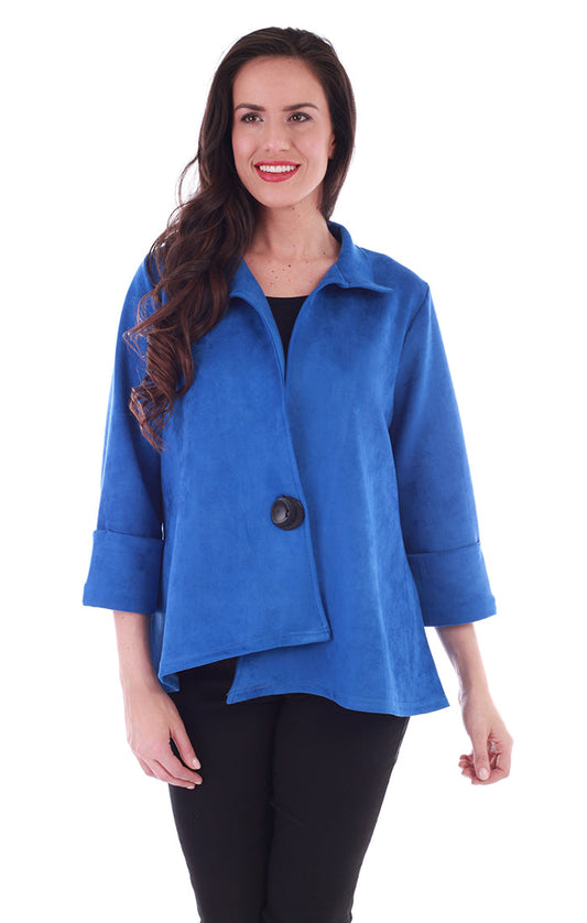 Faux suede royal blue jacket with one black button - front view
