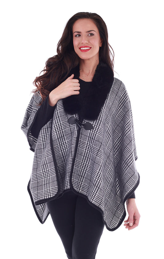 Plaid shawl with faux fur collar - front view