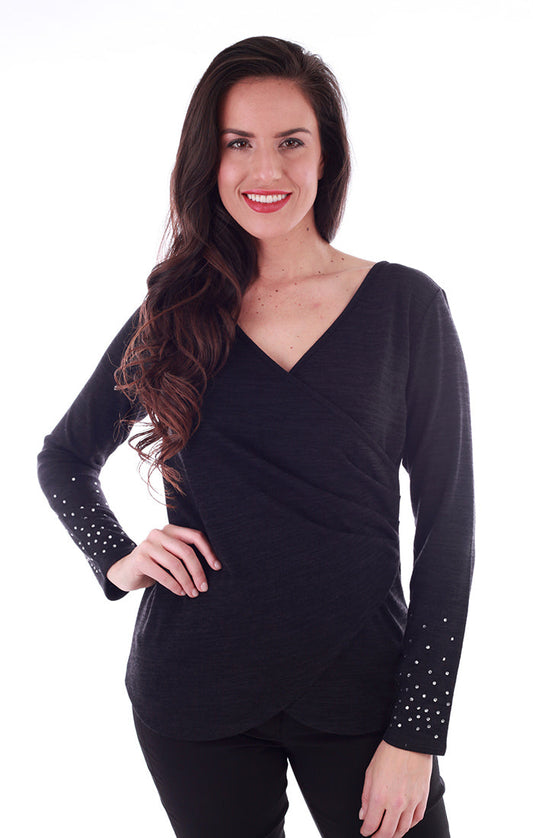 Black wrap blouse with diamond studded sleeves - front view